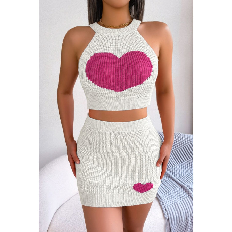 Heart Contrast Ribbed Sleeveless Knit Top and Skirt Set White / S