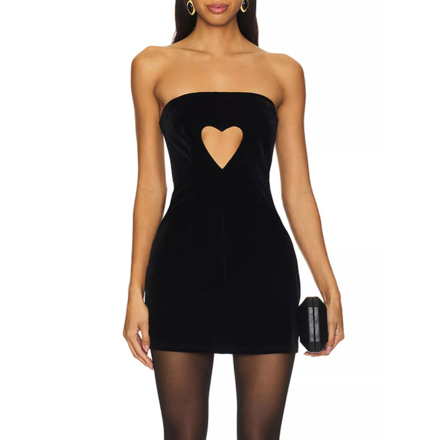 Heart Cutout Velvet Mini Dress Black / S Apparel and Accessories