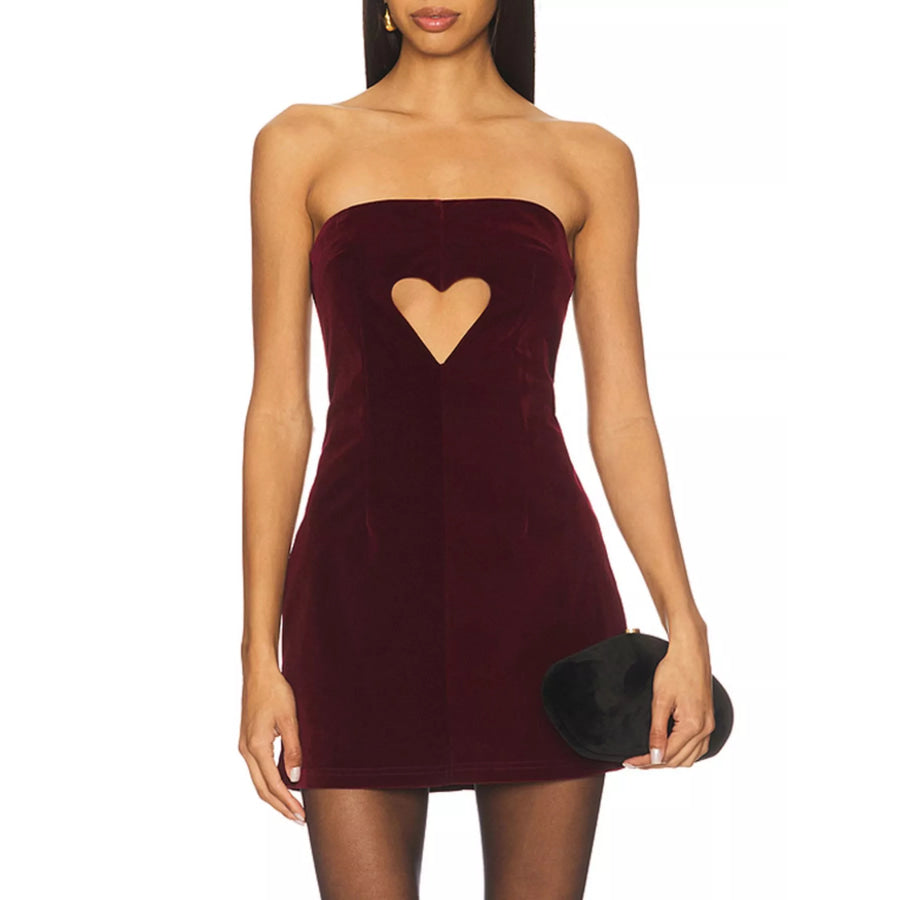 Heart Cutout Velvet Mini Dress Wine Red / S Apparel and Accessories