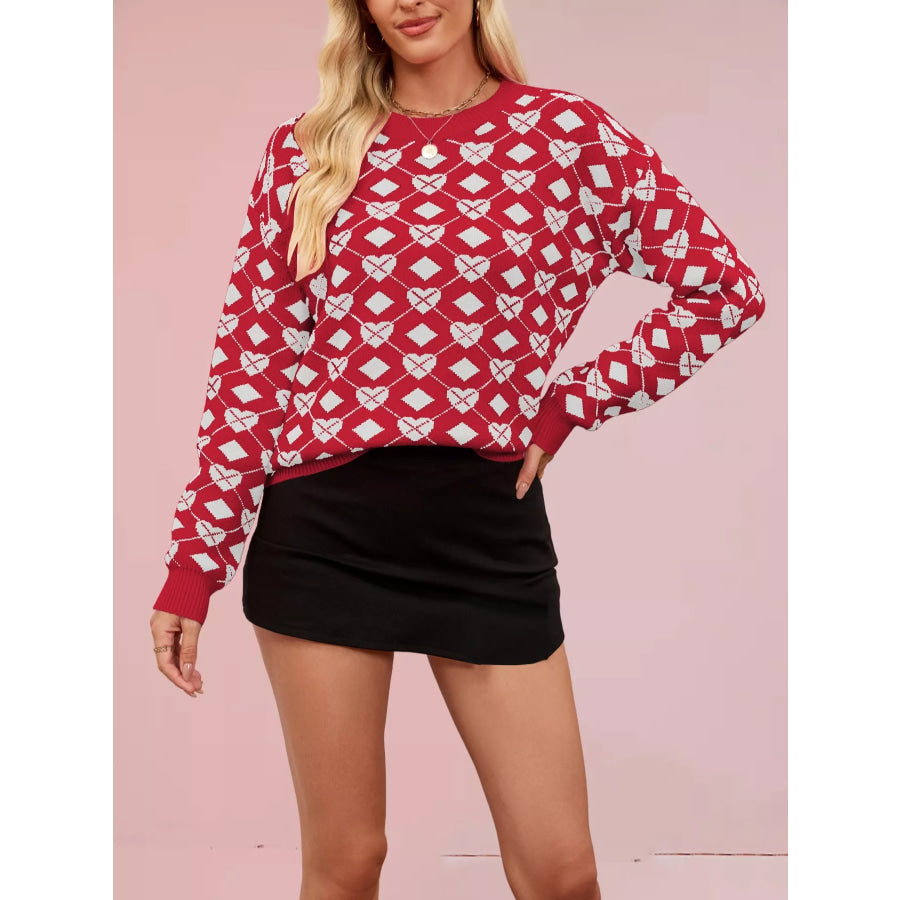 Heart & Diamond Pattern Long Sleeve Sweater Apparel and Accessories