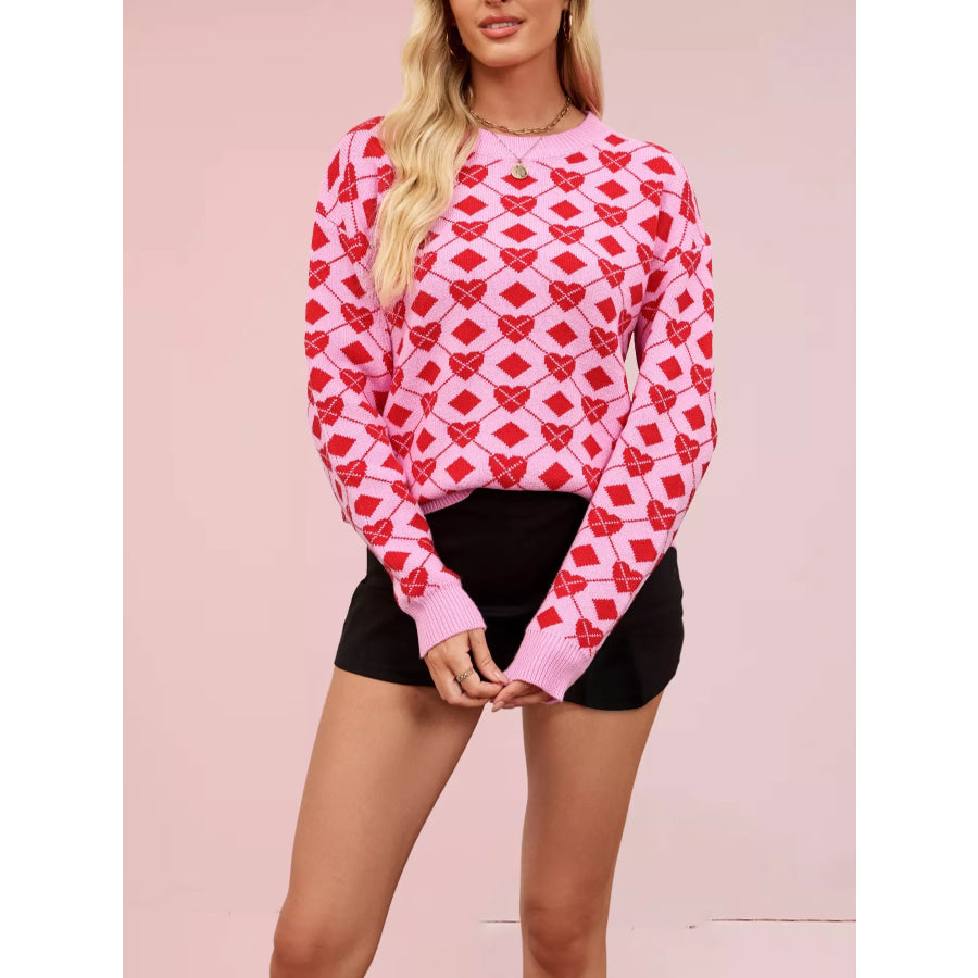 Heart & Diamond Pattern Long Sleeve Sweater Apparel and Accessories