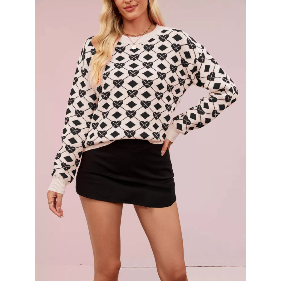 Heart & Diamond Pattern Long Sleeve Sweater Apparel and Accessories