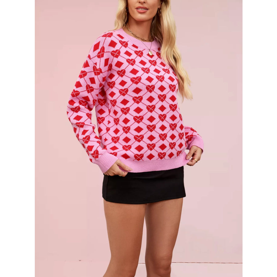Heart & Diamond Pattern Long Sleeve Sweater Apparel and Accessories