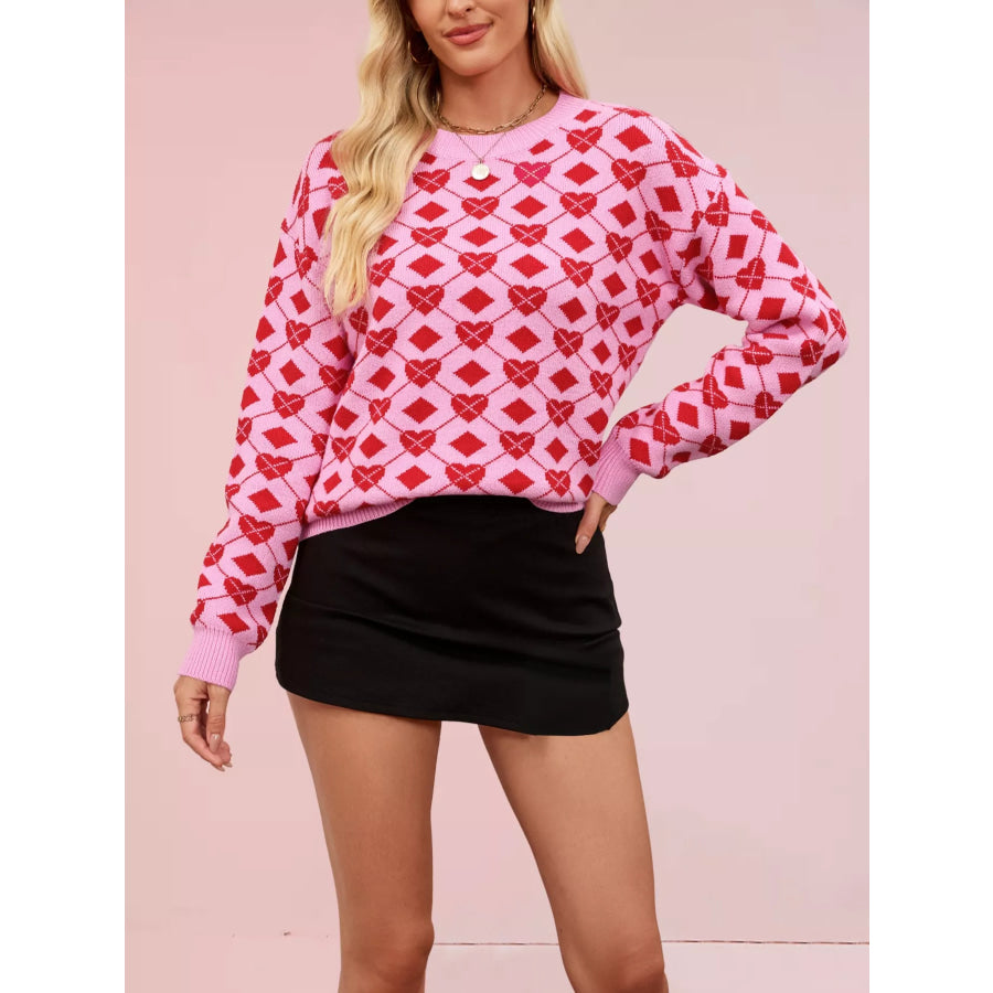 Heart & Diamond Pattern Long Sleeve Sweater Apparel and Accessories