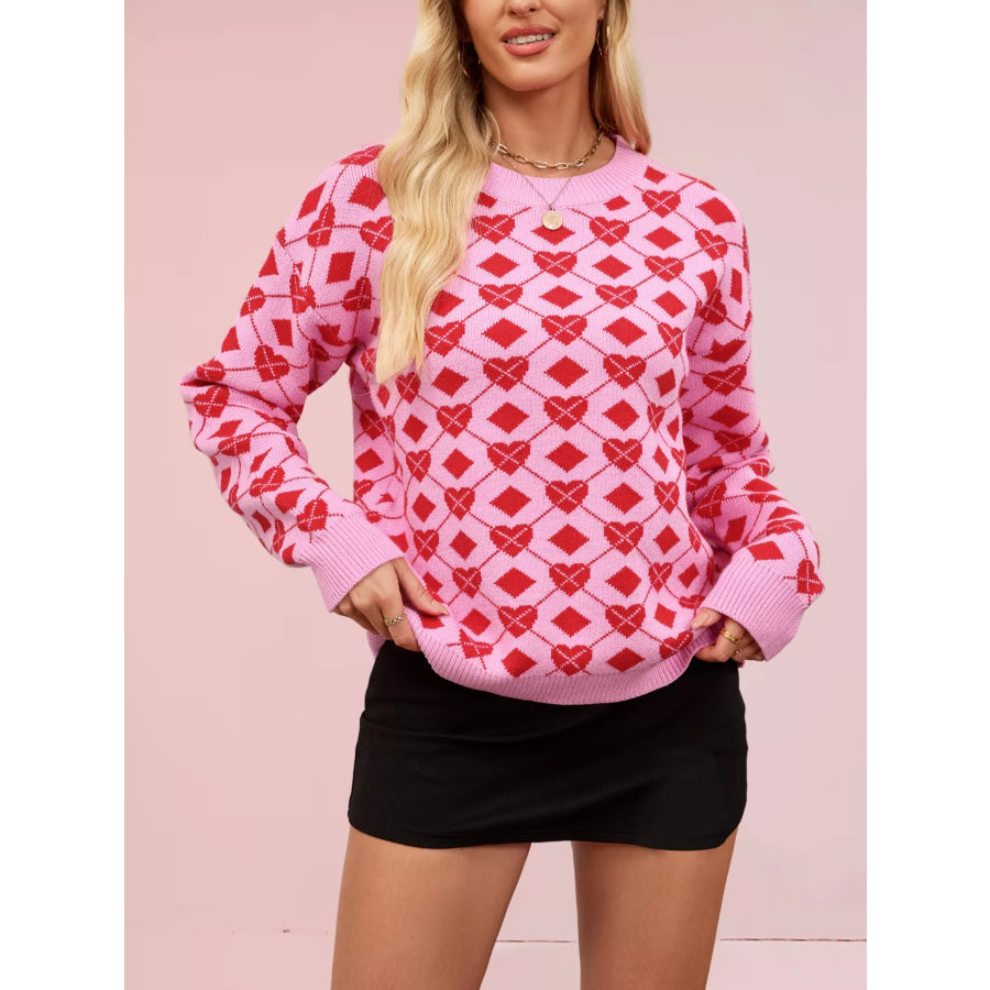 Heart & Diamond Pattern Long Sleeve Sweater Fuchsia Pink / S Apparel and Accessories