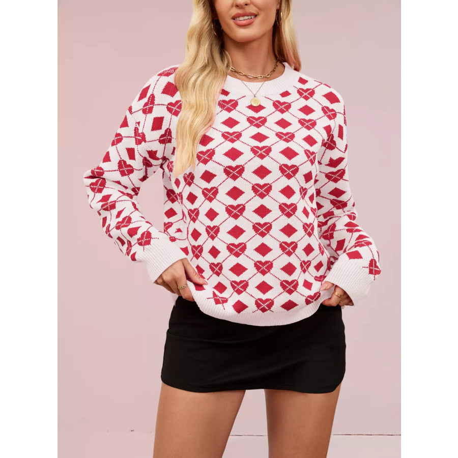 Heart & Diamond Pattern Long Sleeve Sweater Red / S Apparel and Accessories