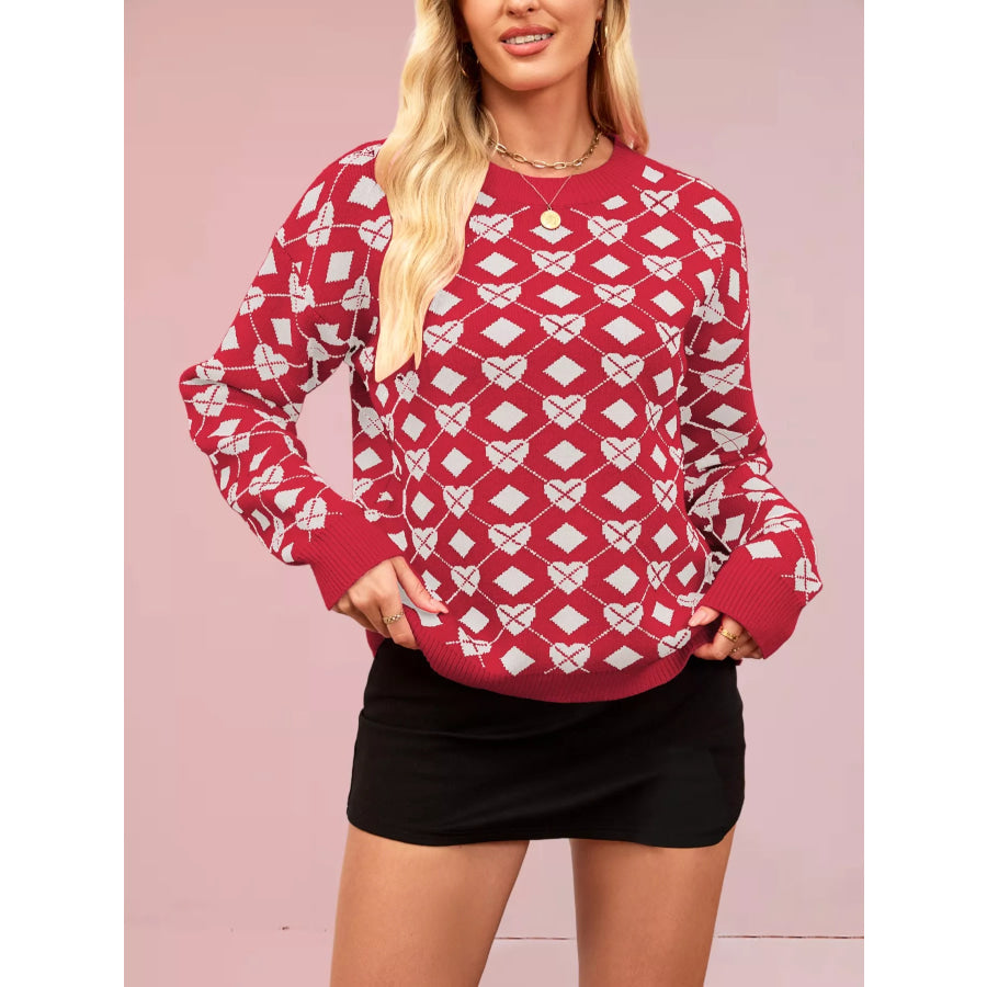 Heart & Diamond Pattern Long Sleeve Sweater Rust / S Apparel and Accessories