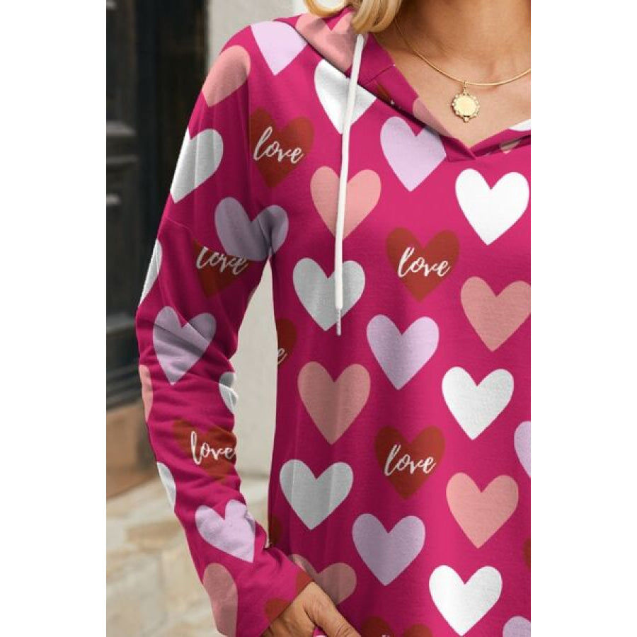 Heart Drawstring Dropped Shoulder Hoodie Apparel and Accessories