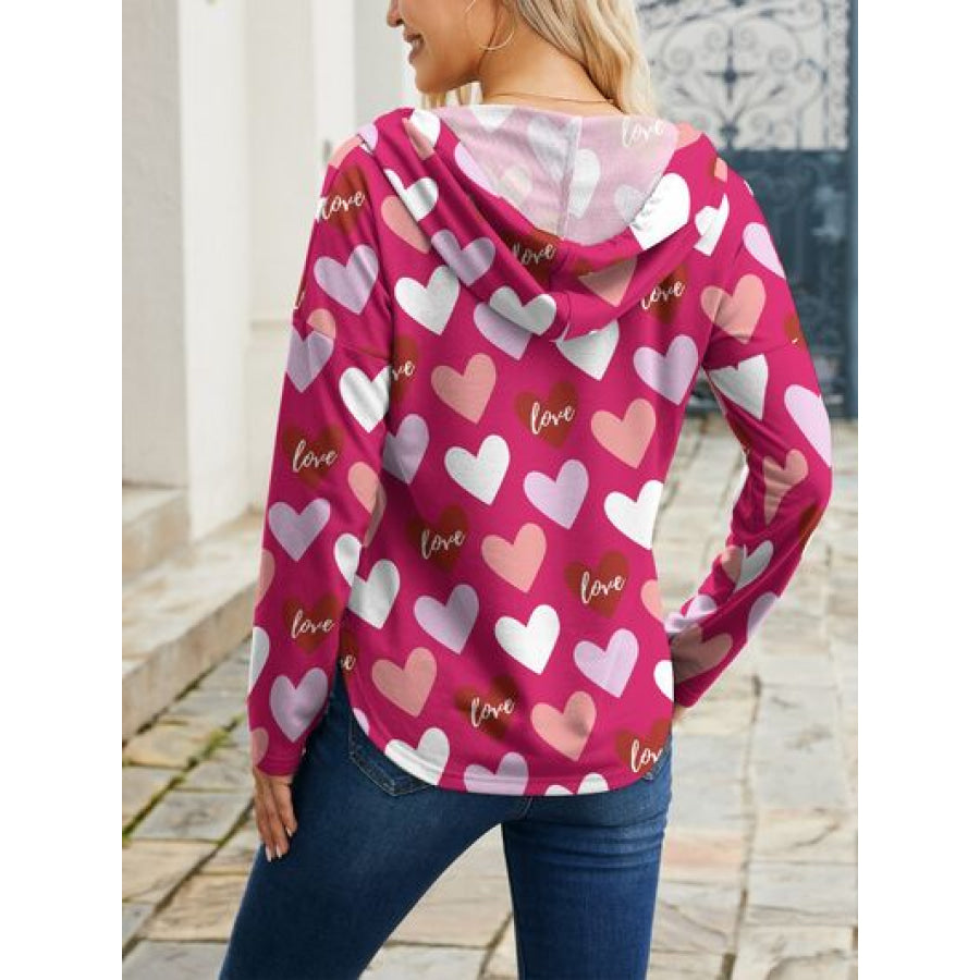 Heart Drawstring Dropped Shoulder Hoodie Deep Rose / S Apparel and Accessories