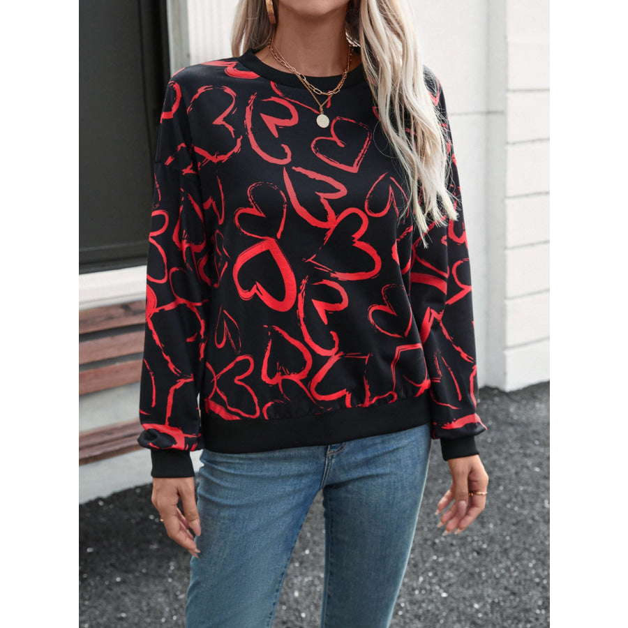 Heart Dropped Shoulder Long Sleeve Sweatshirt Black / S Apparel and Accessories