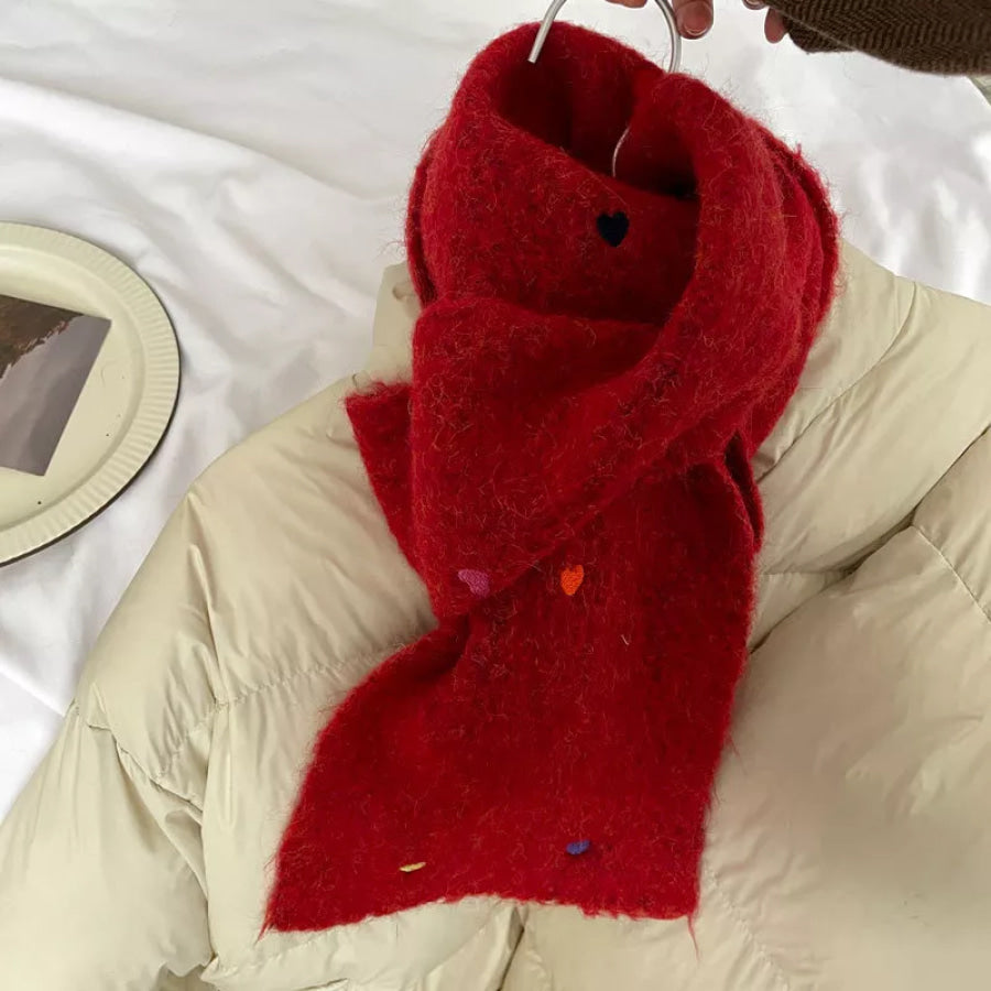 Heart-Embellished Fuzzy Knit Scarf Red / One Size Apparel and Accessories