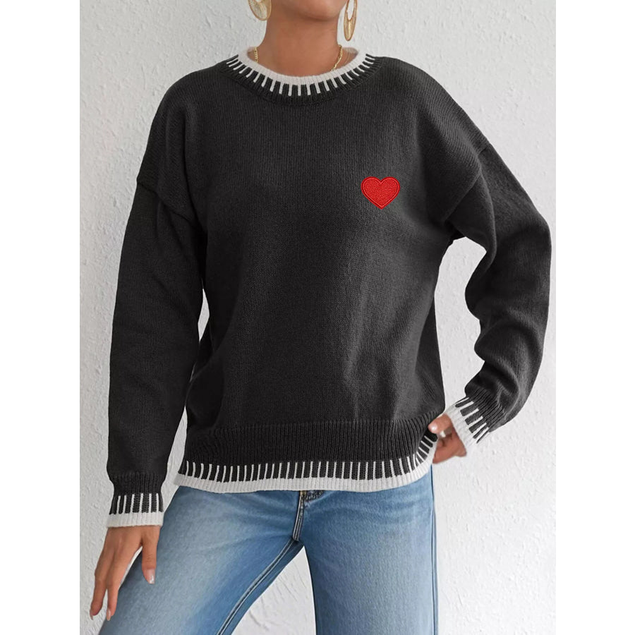 Heart-Embroidered Contrast Trim Sweater Apparel and Accessories