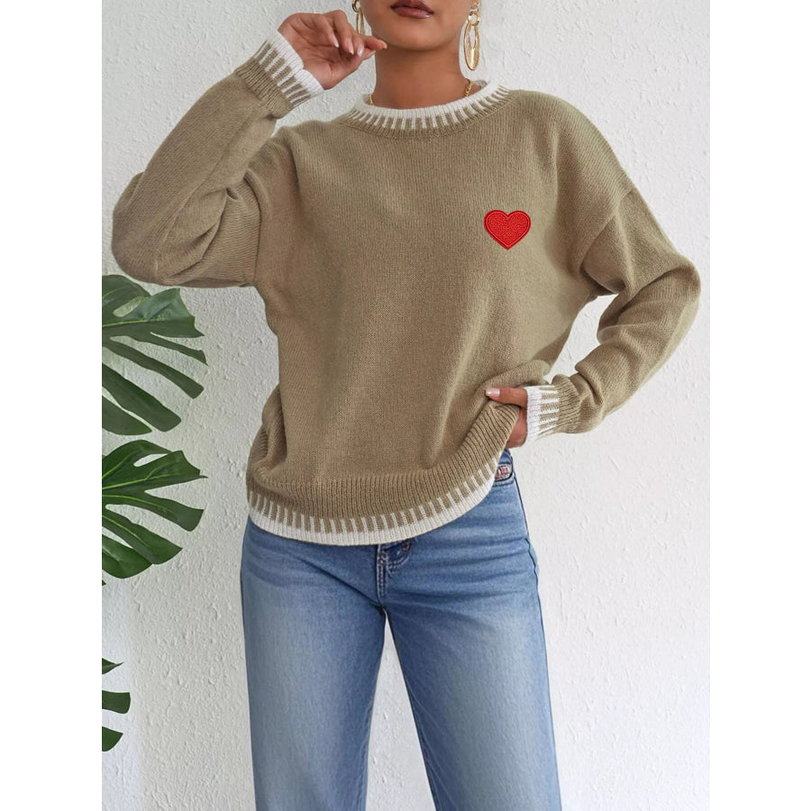 Heart-Embroidered Contrast Trim Sweater Apparel and Accessories