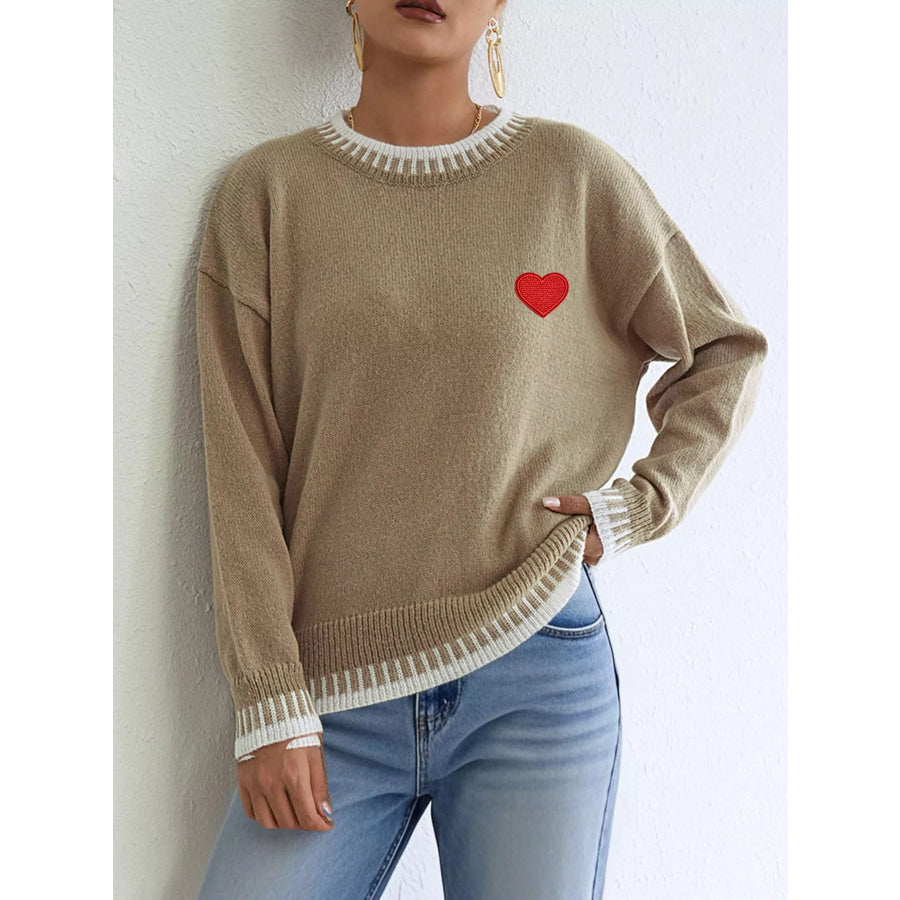 Heart-Embroidered Contrast Trim Sweater Apparel and Accessories