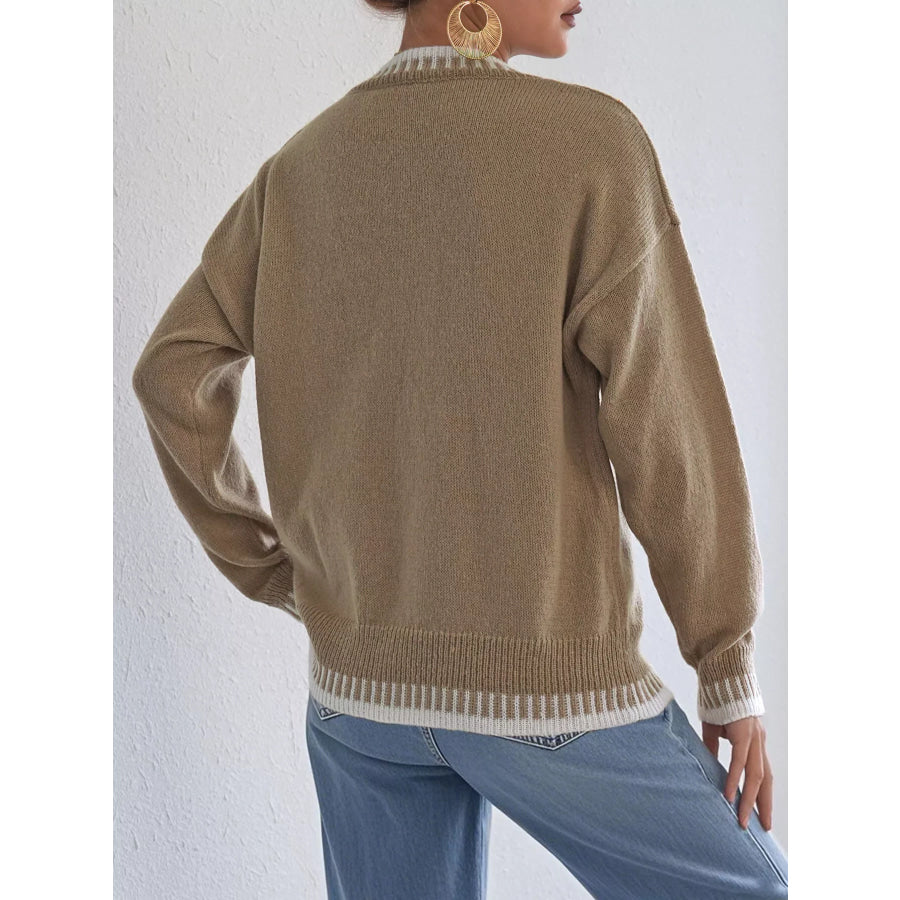 Heart-Embroidered Contrast Trim Sweater Apparel and Accessories