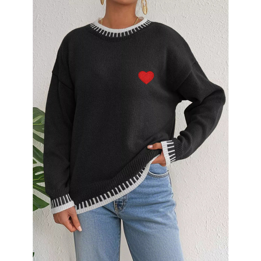 Heart-Embroidered Contrast Trim Sweater Apparel and Accessories