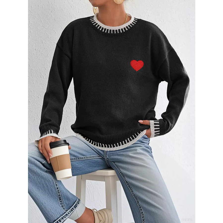Heart-Embroidered Contrast Trim Sweater Black / S Apparel and Accessories