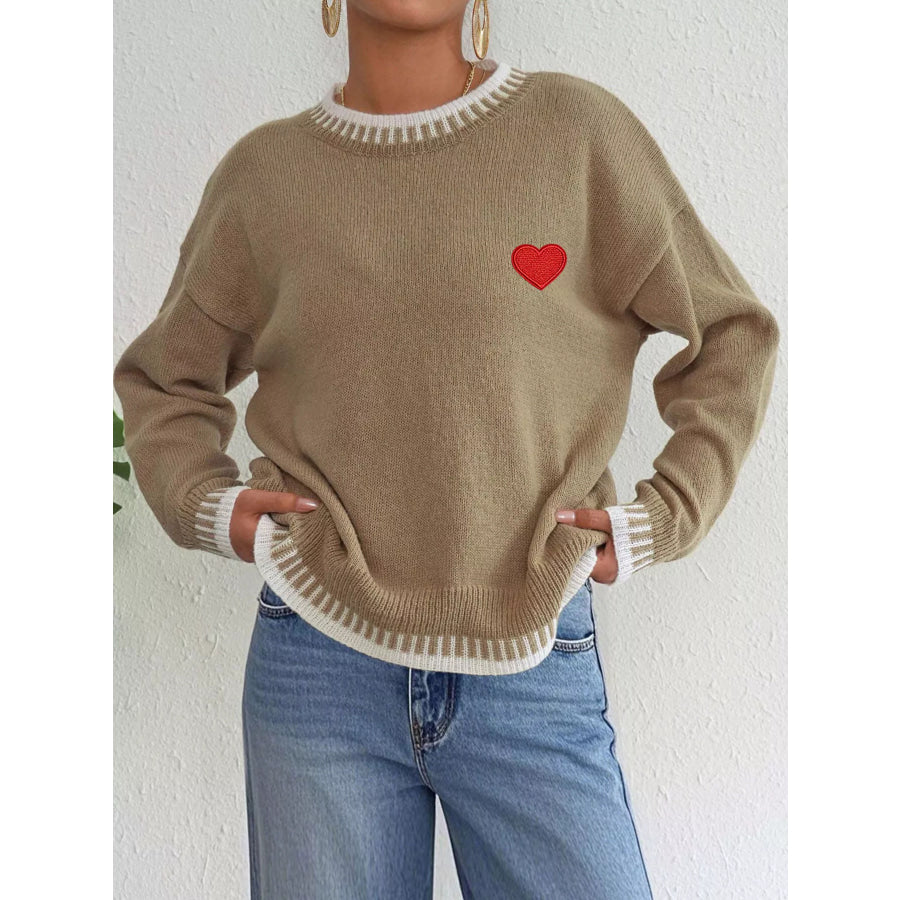 Heart-Embroidered Contrast Trim Sweater Camel / S Apparel and Accessories
