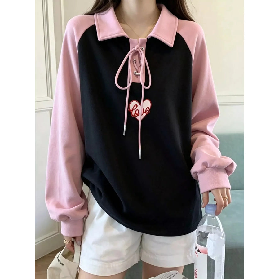 Heart Embroidery Lace-Up Detail Polo Collar Sweatshirt Apparel and Accessories