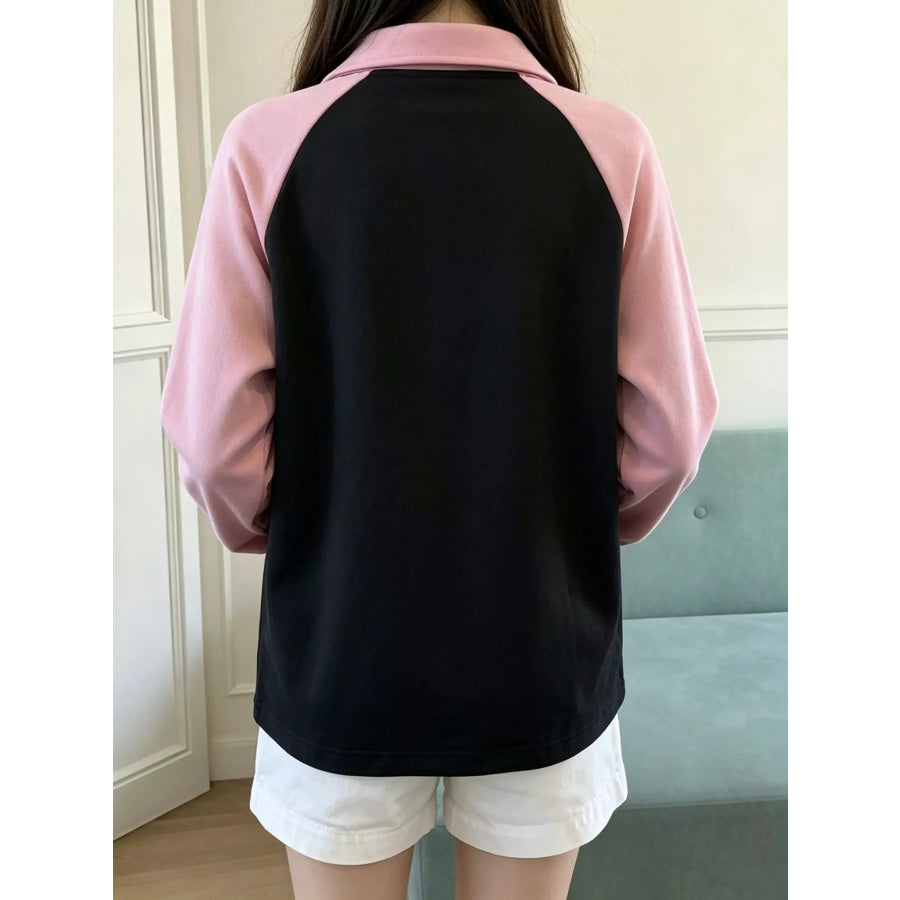 Heart Embroidery Lace-Up Detail Polo Collar Sweatshirt Apparel and Accessories
