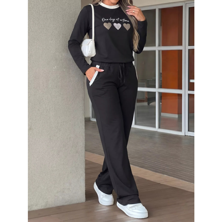 Heart Graphic Contrast Trim Top and Pants Set Apparel and Accessories