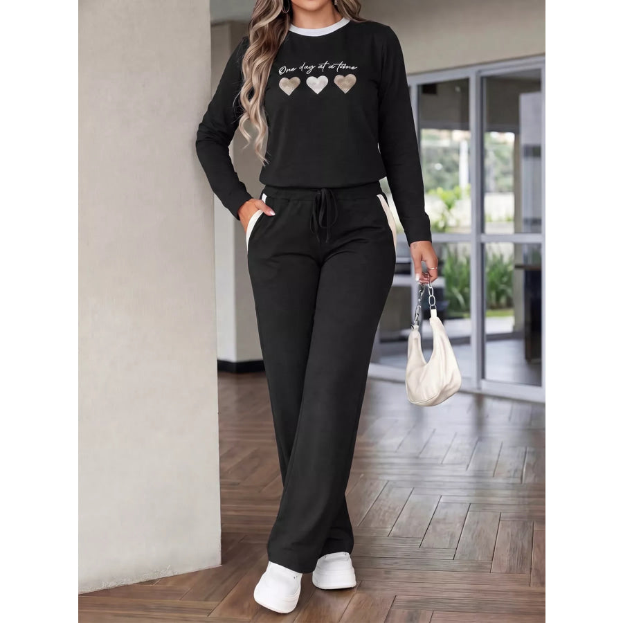 Heart Graphic Contrast Trim Top and Pants Set Apparel and Accessories