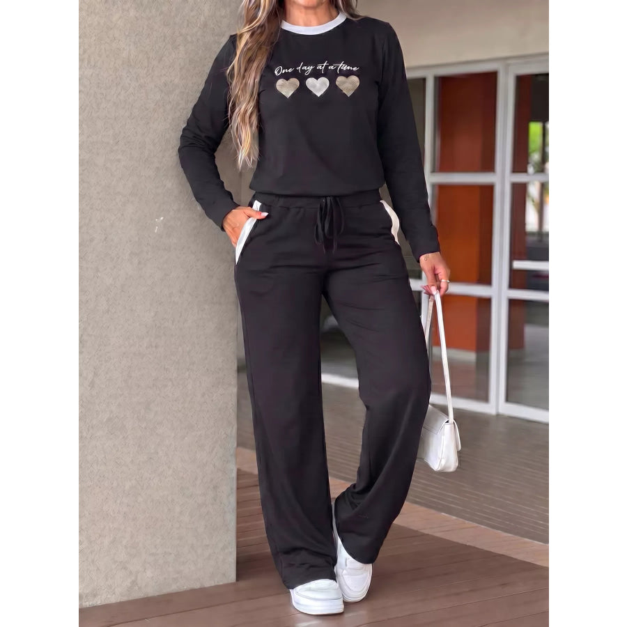 Heart Graphic Contrast Trim Top and Pants Set Apparel and Accessories