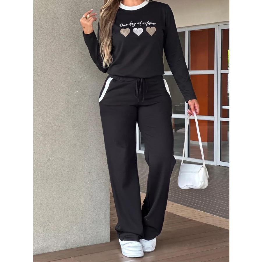 Heart Graphic Contrast Trim Top and Pants Set Black / S Apparel and Accessories