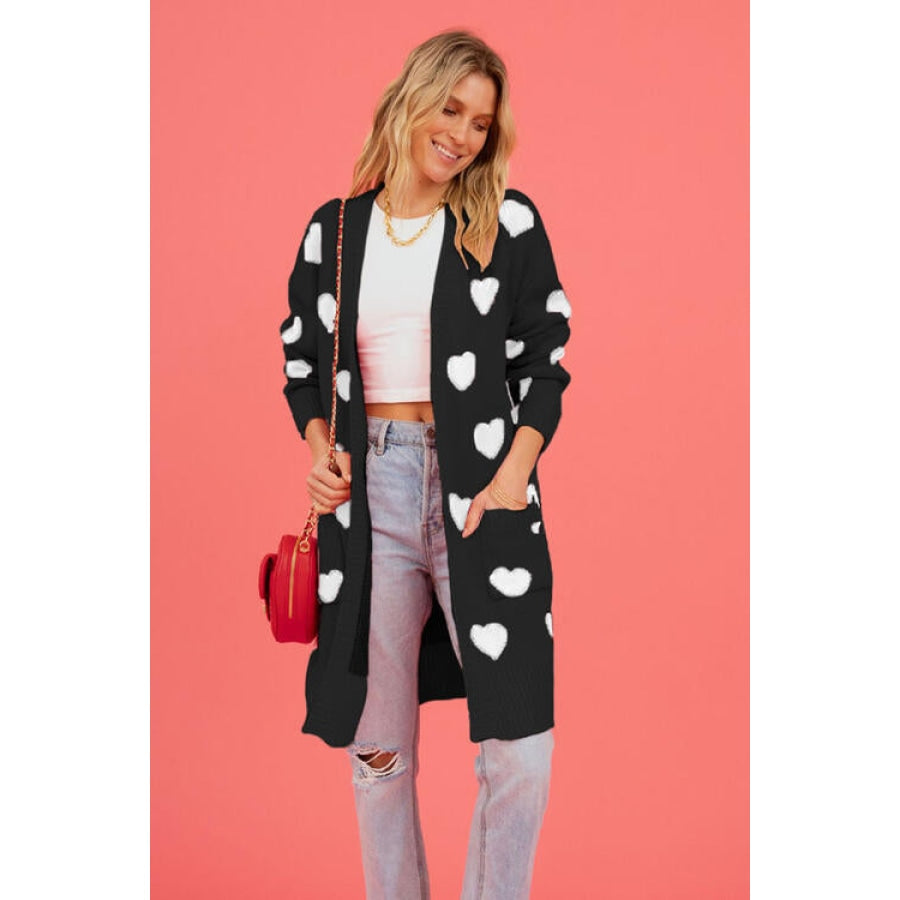 Heart Graphic Open Front Cardigan with Pockets Black / S