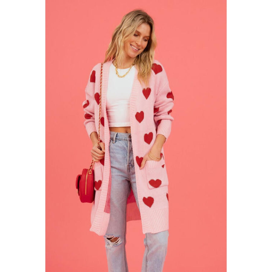 Heart Graphic Open Front Cardigan with Pockets Blush Pink / S