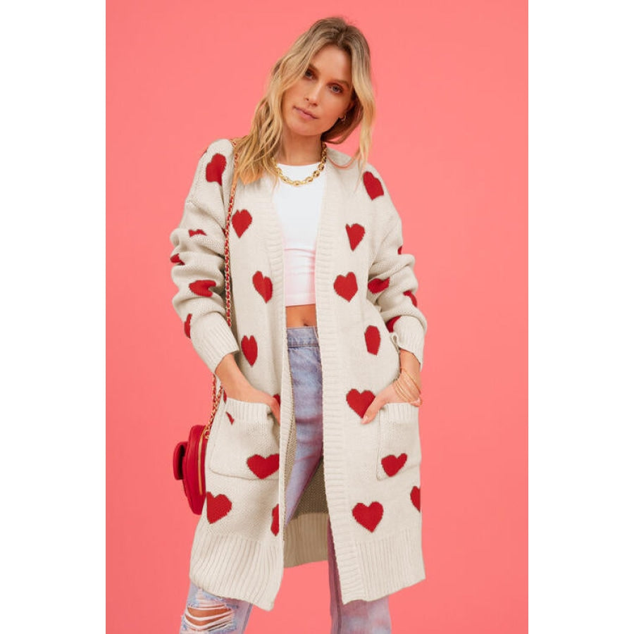 Heart Graphic Open Front Cardigan with Pockets Cream / S