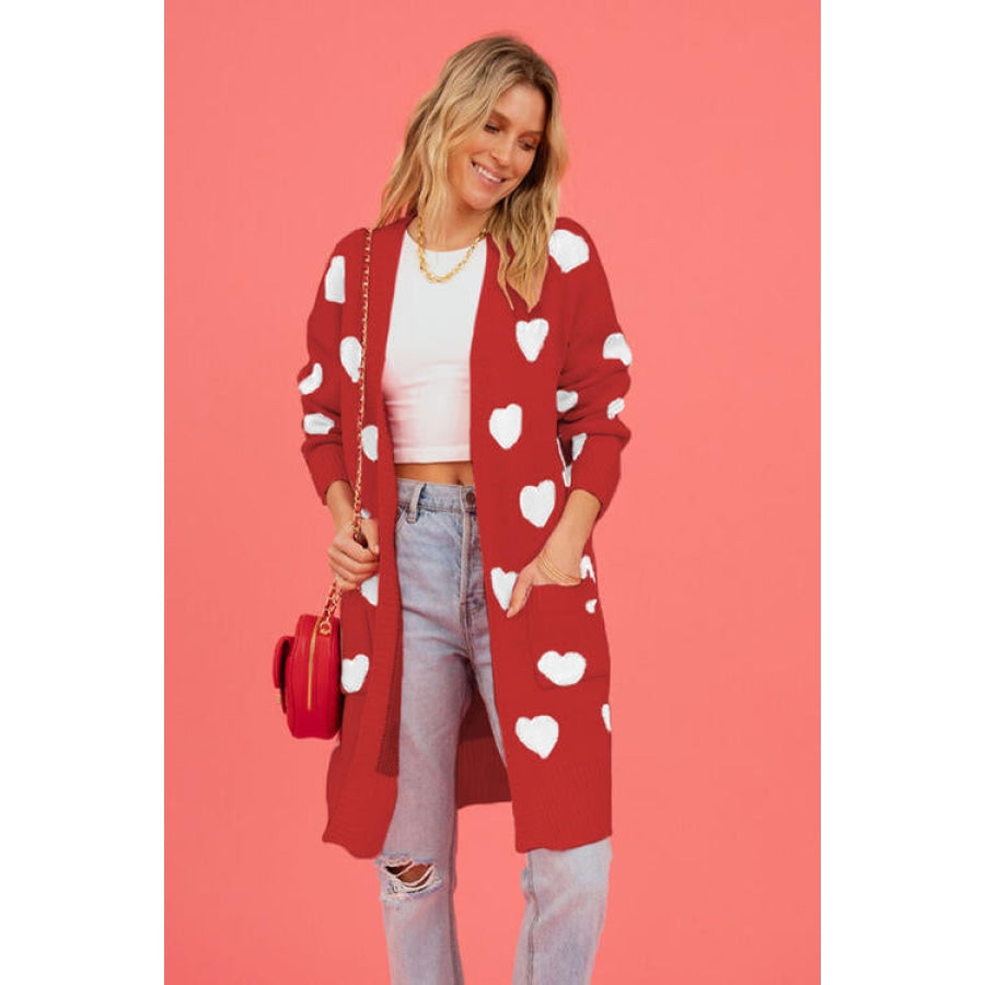 Heart Graphic Open Front Cardigan with Pockets Red / S