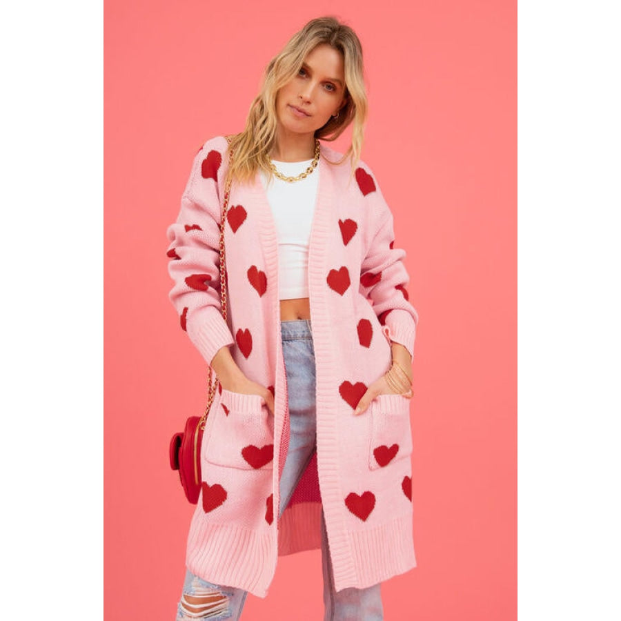 Heart Graphic Open Front Cardigan with Pockets