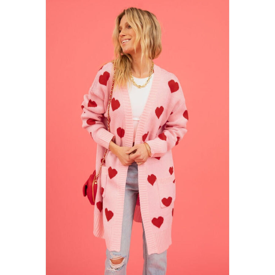 Heart Graphic Open Front Cardigan with Pockets