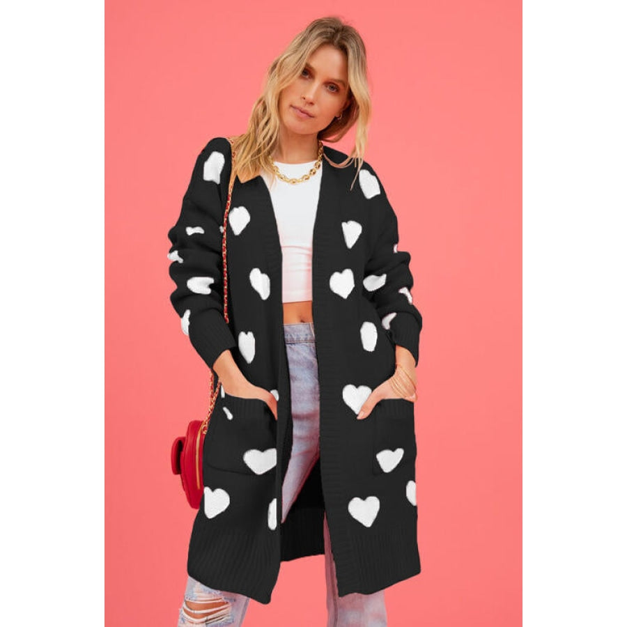 Heart Graphic Open Front Cardigan with Pockets