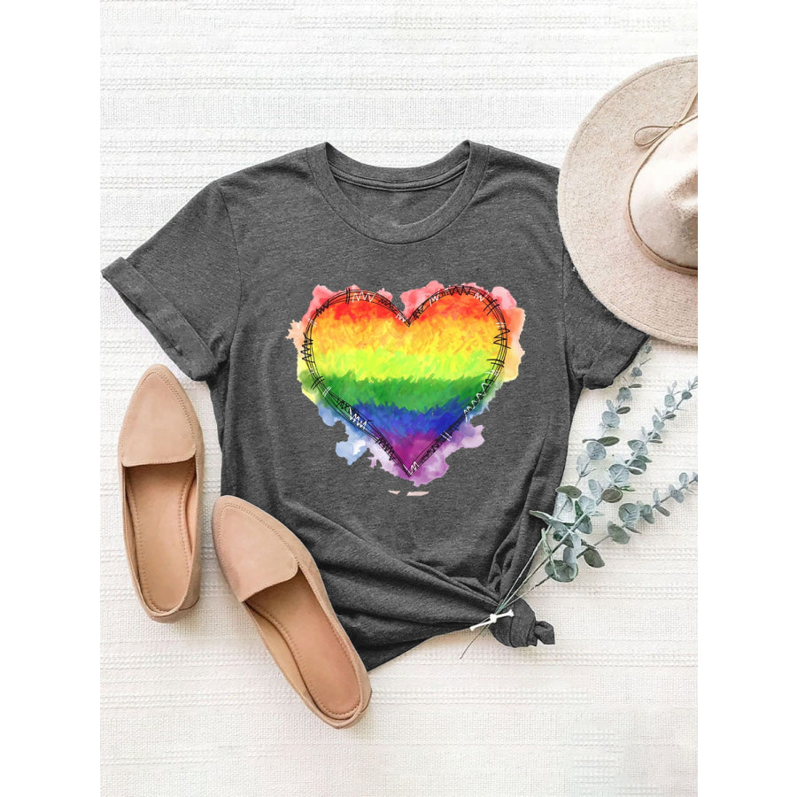 Heart Graphic Round Neck Short Sleeve T-Shirt Dark Gray / S Apparel and Accessories