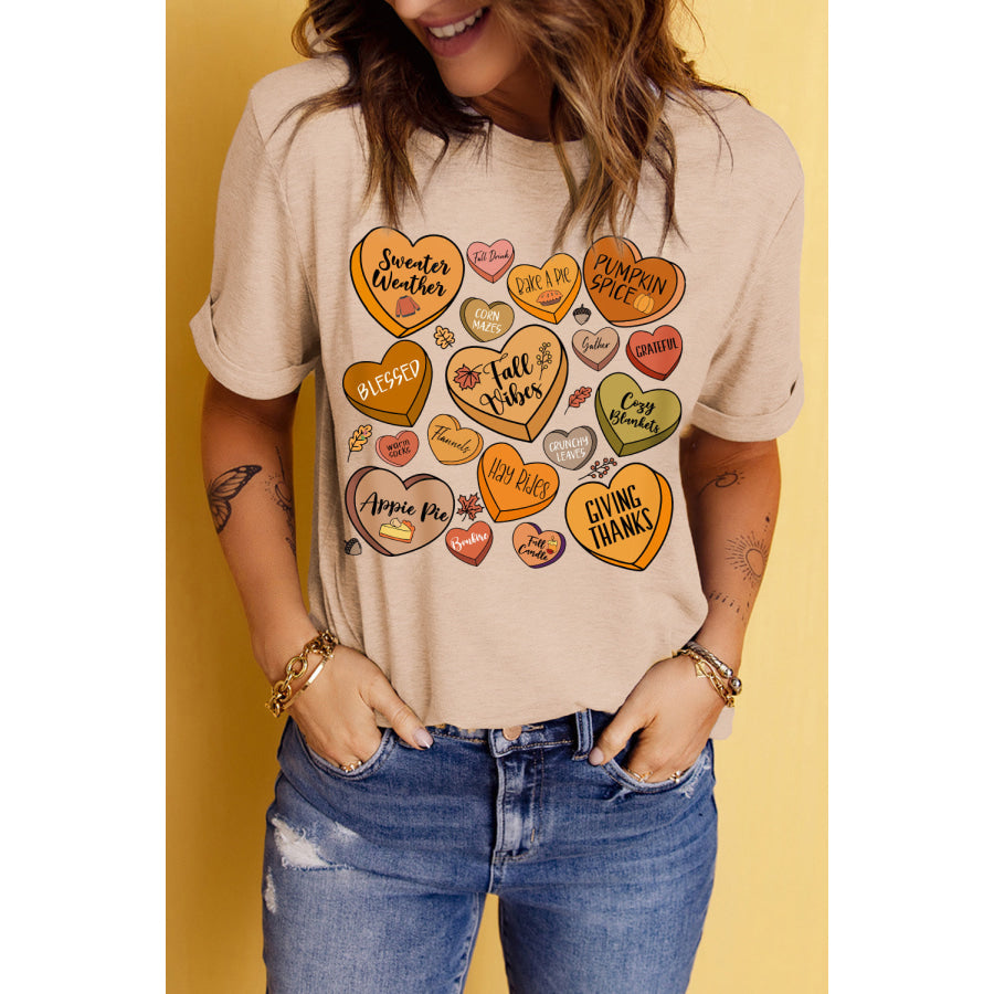 Heart Graphic Round Neck Short Sleeve T-Shirt Dust Storm / S Apparel and Accessories