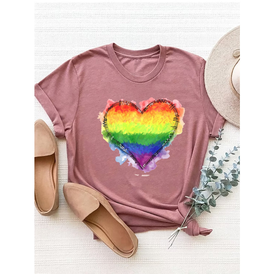 Heart Graphic Round Neck Short Sleeve T-Shirt Dusty Pink / S Apparel and Accessories