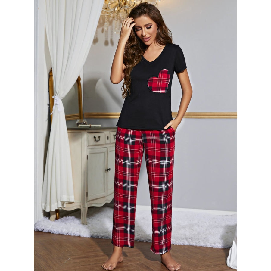 Heart Graphic V-Neck Top and Plaid Pants Lounge Set