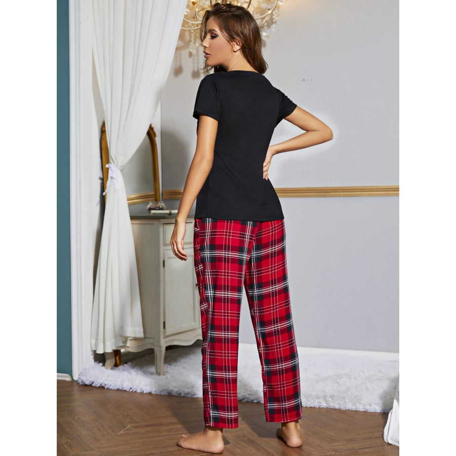 Heart Graphic V-Neck Top and Plaid Pants Lounge Set Black/Red / S