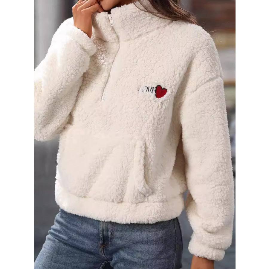 Heart Half Zip Long Sleeve Teddy Sweatshirt Apparel and Accessories