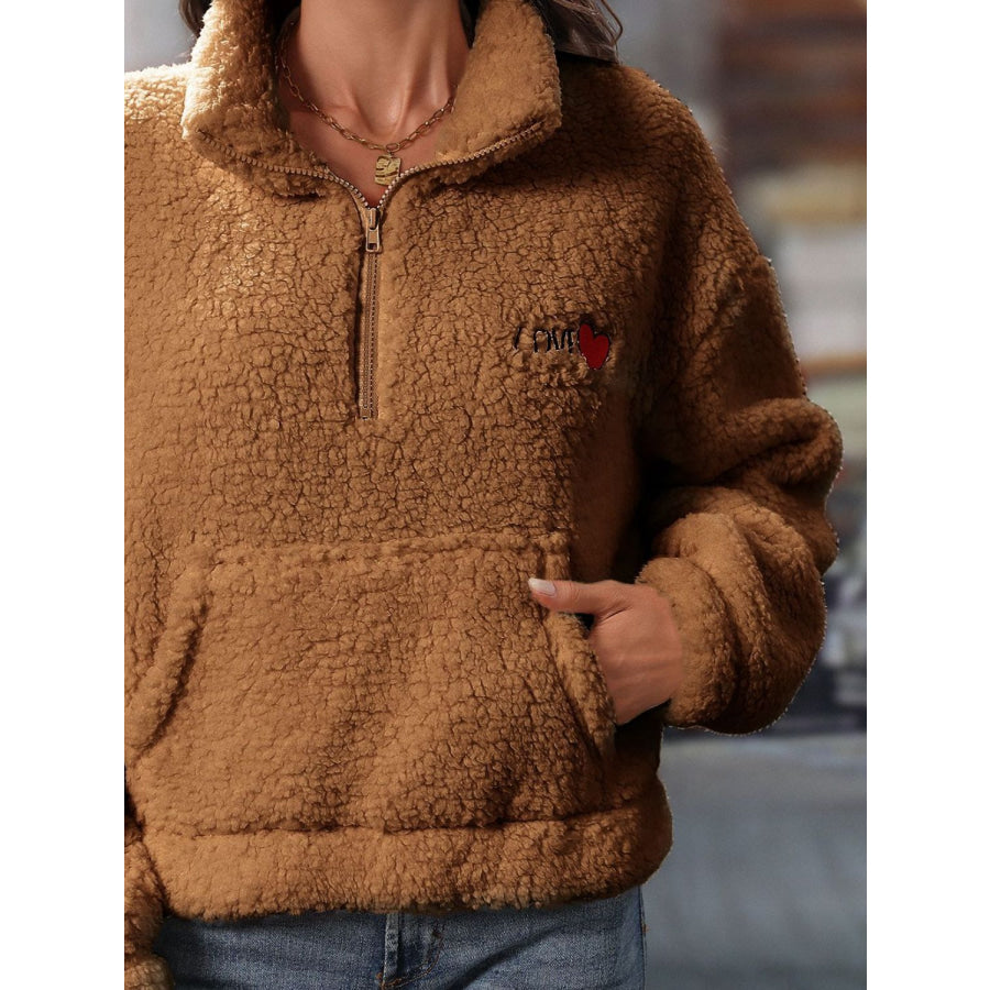 Heart Half Zip Long Sleeve Teddy Sweatshirt Apparel and Accessories