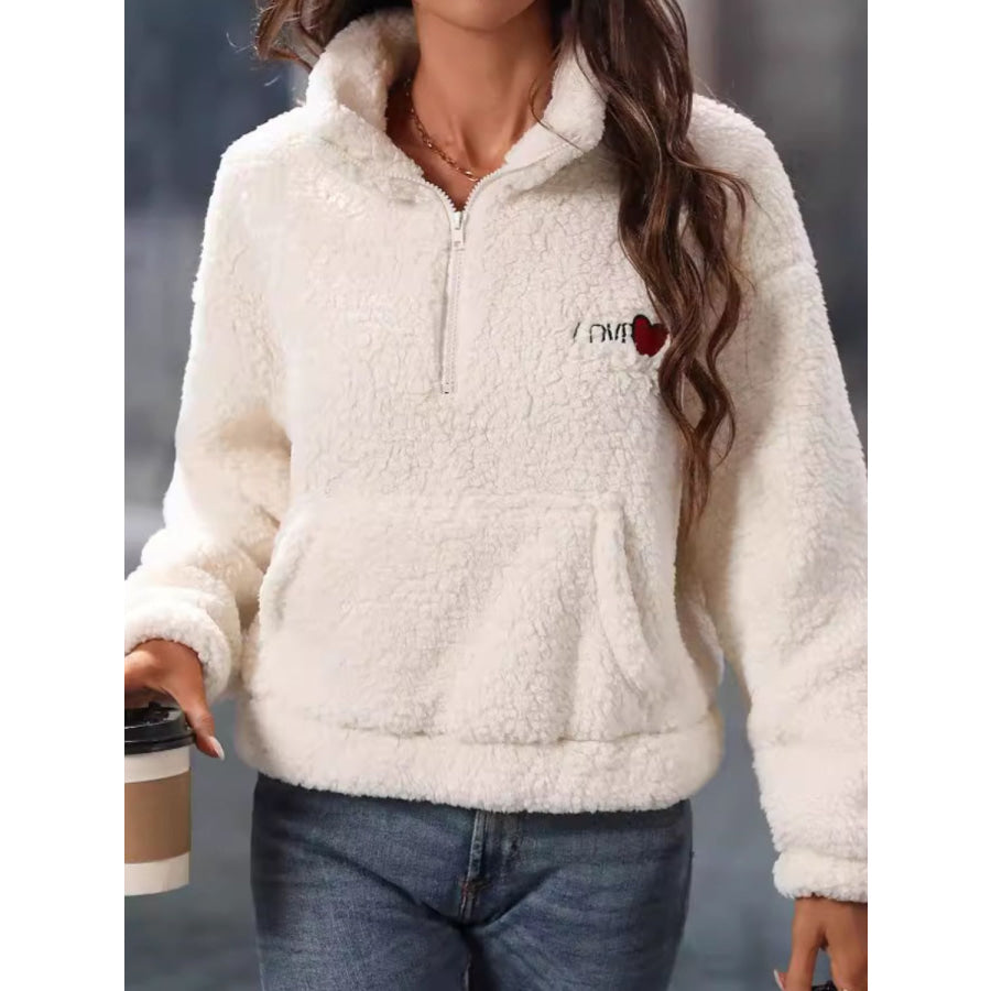 Heart Half Zip Long Sleeve Teddy Sweatshirt Apparel and Accessories