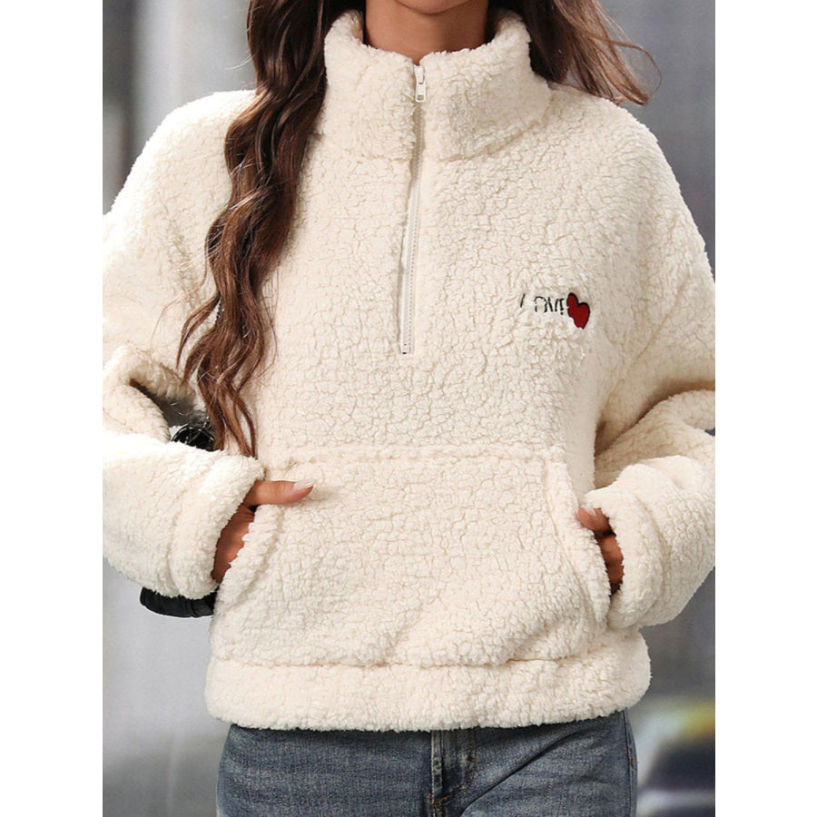 Heart Half Zip Long Sleeve Teddy Sweatshirt Apparel and Accessories