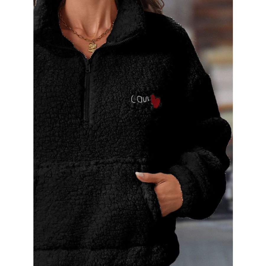 Heart Half Zip Long Sleeve Teddy Sweatshirt Apparel and Accessories