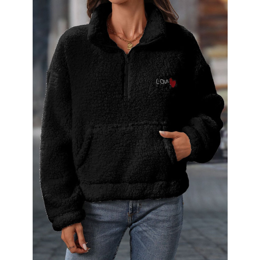 Heart Half Zip Long Sleeve Teddy Sweatshirt Black / S Apparel and Accessories