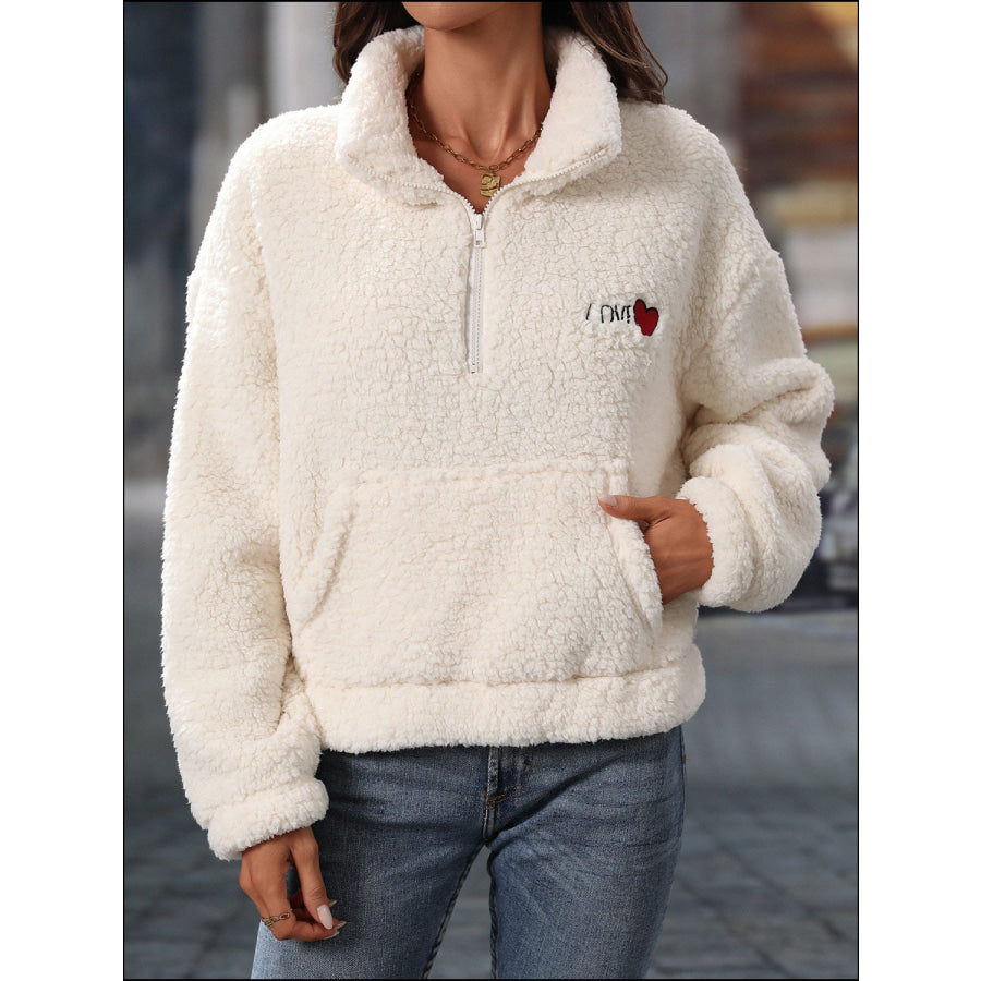 Heart Half Zip Long Sleeve Teddy Sweatshirt Cream / S Apparel and Accessories