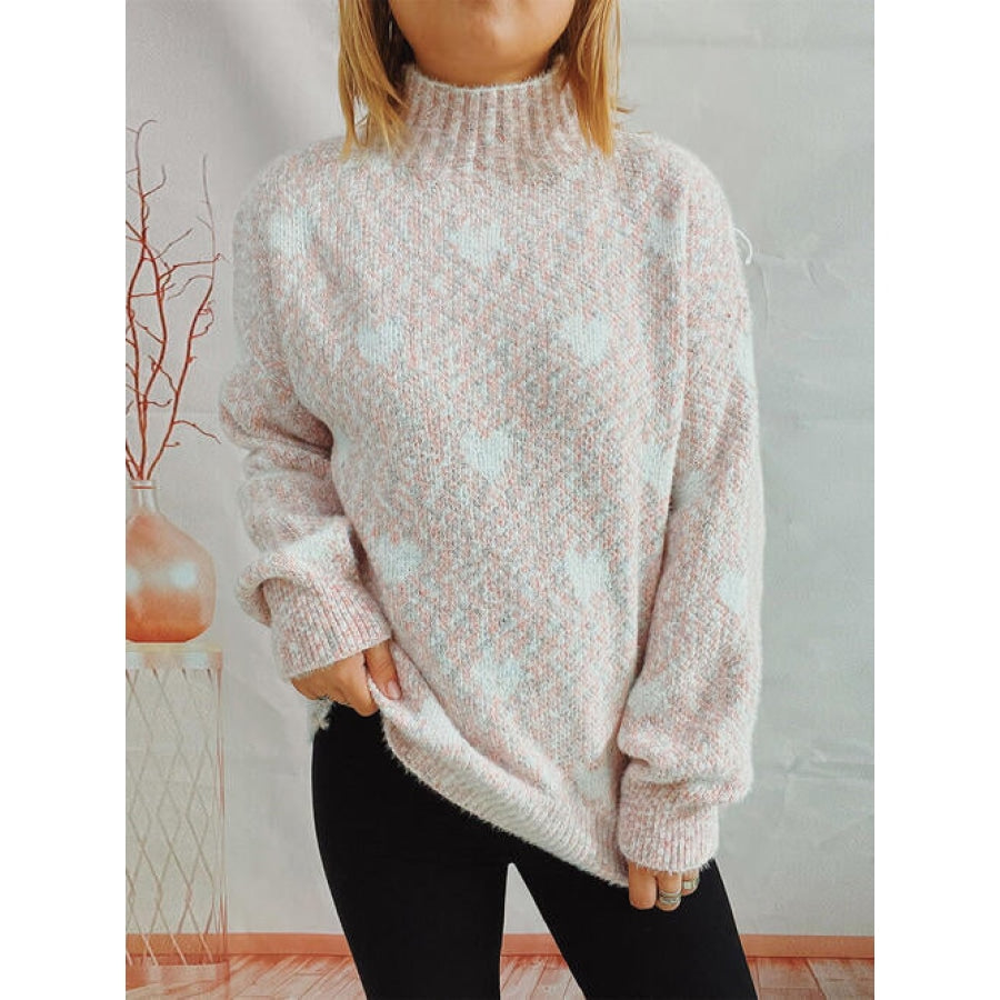 Heart Heathered Turtleneck Drop Shoulder Sweater Blush Pink / One Size Clothing