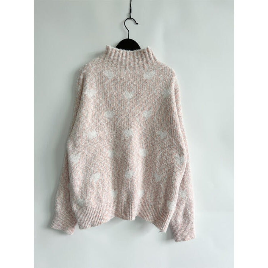 Heart Heathered Turtleneck Drop Shoulder Sweater Clothing