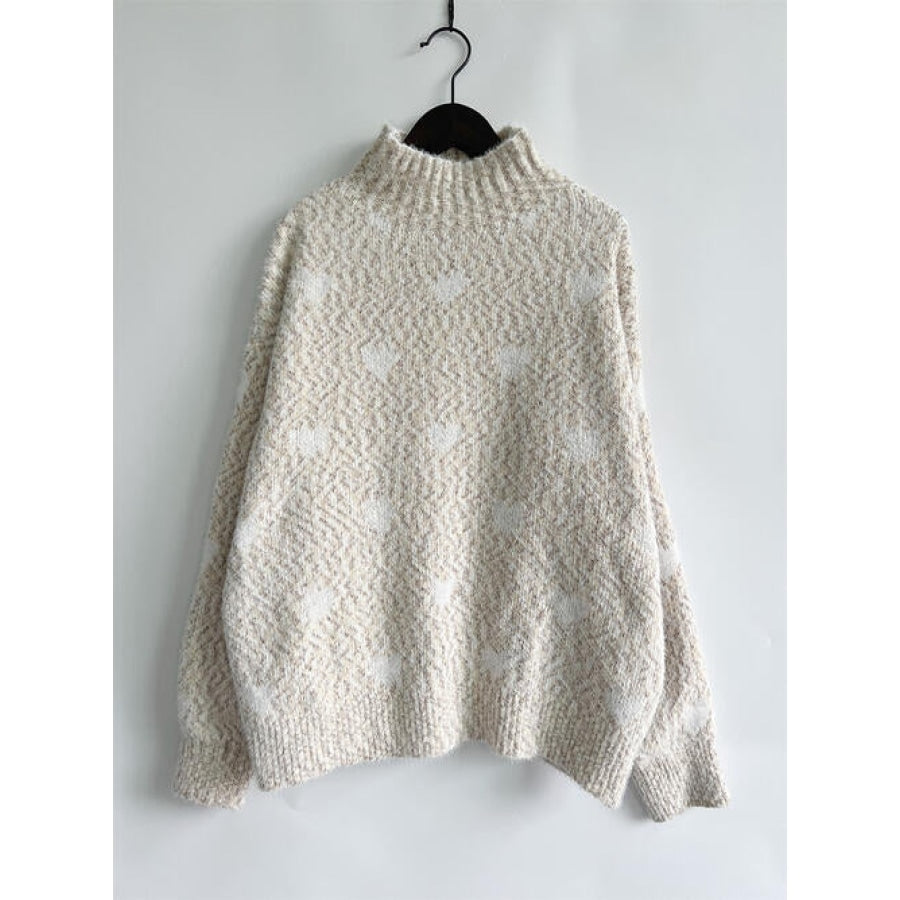 Heart Heathered Turtleneck Drop Shoulder Sweater Clothing